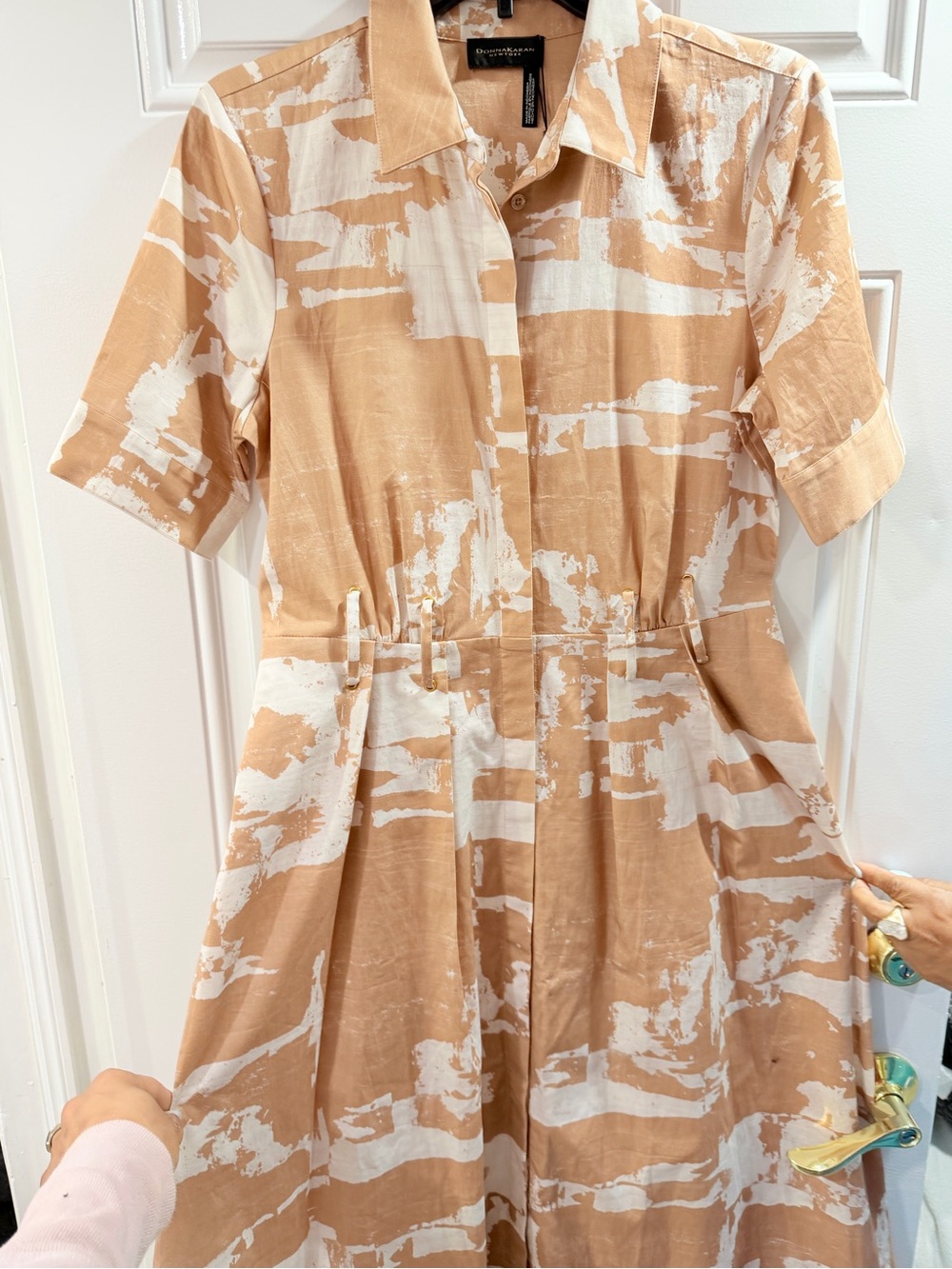 Donna Karan Beige and White Abstract Midi Shirt Dress